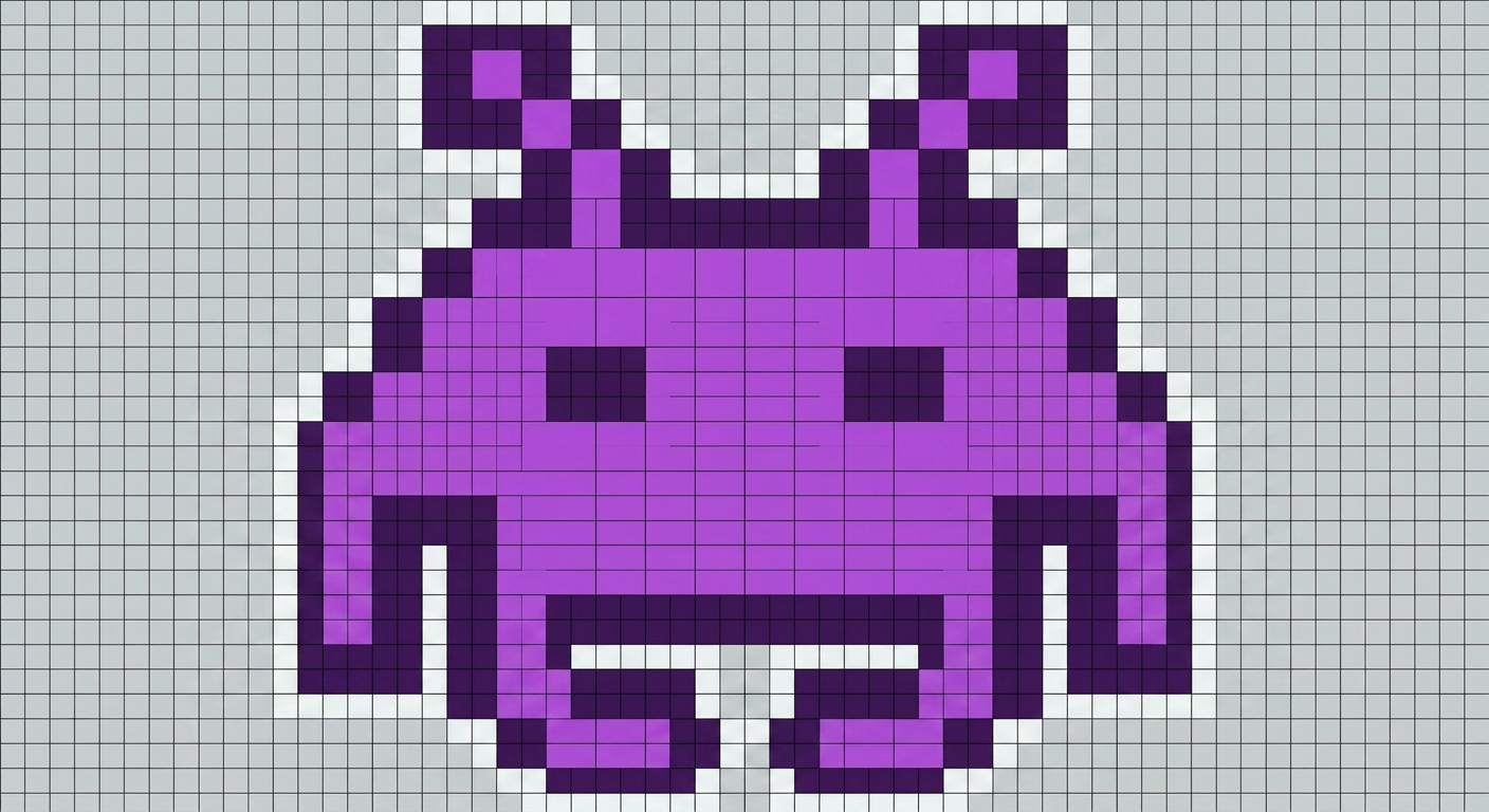 Pixelated retro video game icon Green pixel art alien with antennas on a grid background